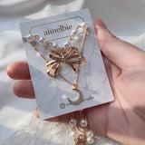 Princess Bow and Moon Layered Necklace - Gold Color