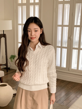 [S-L] Vネックケーブルコットンニット (11color)