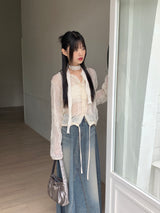 Glo wedding guest look lace pleated string long sleeve blouse