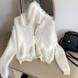 Angora hood knit zip-up