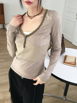 Zenki Vintage Button Ribbed Slim V-Neck T-Shirt