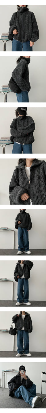 Retodum Two Way High-Neck Twisted Knitted Zip-Up