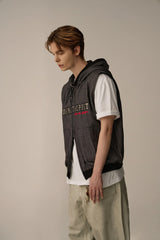 LETTERING DENIM HOODED VEST(BLACK)