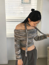[Muffler set] Mikel Bokashi off-shoulder angora knit