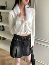 Kime collar fur ribbon string long sleeve cardigan
