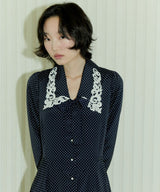 CHELSEA COLLAR FLARE DOT ONEPIECE - NAVY (6689411137654)