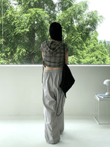 テユストリングシャーリングリネンチェックフードシャツカミス / Teyu String Shirring Linen Check Hooded Shirt Camis