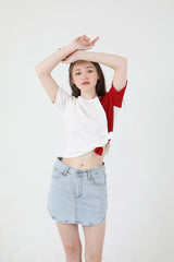 スリットリボンハーフスリーブTシャツ / Slit Ribbon Half-Sleeve T-shirt Red
