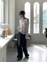 ジュープボートネックダメージサマー長袖ニット / Jupe boat neck damage summer long sleeve knit