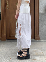 サイドリボンストラップ サイドリボンナイロンロングスカート /Loding side ribbon strap side-slit nylon long skirt