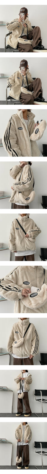 [Bag Set] Quilted Lining Tap Line Fur Zip-Up Jumper