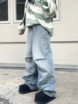 crack light blue washing dart wide denim pants