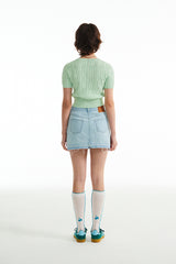 スモールチェリーケーブルクロップ丈のショットスリーブニット／SMALL CHERRY CABLE CROP SHORT SLEEVE KNIT [MINT]