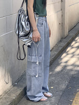 ビソップサマーフードファブリックワイドカーゴデニムパンツ / Bisopp Summer Hooded Fabric Wide Cargo Denim Pants