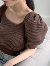 ロミエンパフスクエアバックリボン半袖ニット / Romien Puff Square Back Ribbon Short-Sleeved Knit