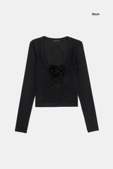 Waffle string scoop-neck long sleeve
