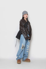 クロップレザーカーディガン / Crop leather cardigan