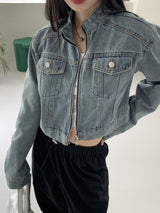 ピーバーツノーカラツーウェイジップクロップドデニムジャケット / Peeverts no-collar two-way zip cropped denim jacket
