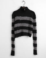 Nier angora fur color combination striped diagonal zipper slim long sleeve knit