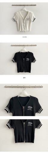 hip two-way color short-sleeved cropped knitwear zip-up
