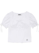 RIBBON SHIRRING SHORT SLEEVE BLOUSE [WHITE]