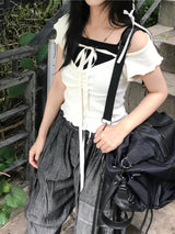 romantic lovely ribbon choker frill ribbed T-shirt