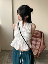 リウムプリーツシャーリングストリングノースリーブブラウス / Leeum pleated shirring string sleeveless blouse