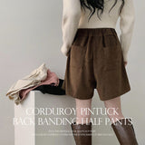 Pufu Corduroy Pintuck Back Banding Half Pants (4 colors)