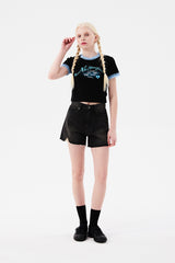チェリーホットフィックスレースクロップTシャツ / CHERRY HOTFIX LACE CROP T-SHIRT [BLACK]