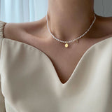 淡水パールコインクロスレイヤードチョーカーネックレス/daco Silver 925 Fresh Water Pearl Coin Cross Layered Choker Necklace
