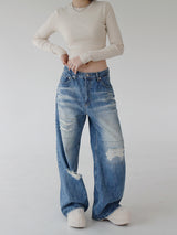 ローライズパッチデニムズボン/low-rise patch denim trousers