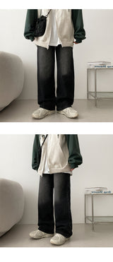 Lone washing side banding denim wide pants