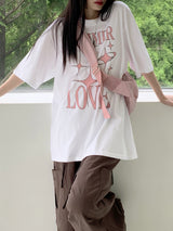 サマーラブハートプリンティングボクシーオーバーサイズフィット半袖Tシャツ / Summer Love Heart Printing Boxy Oversized Fit Short-Sleeved T-Shirt