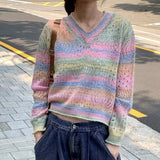Kerner V-neck rainbow gradation punching long-sleeve knitwear