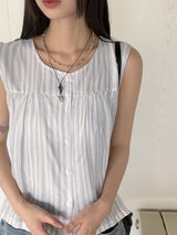 ストライプボタンベストノースリーブブラウス / Banet Stripe Button Vest Sleeveless Blouse