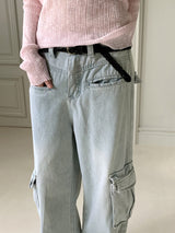 Washed Pocket Cargo Light Blue Long Wide Denim Pants