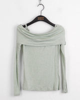 ツイルリボンストラップオフショルダースリットクロップドロングスリーブTシャツ