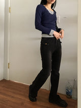Jettyレイヤード配色Vネックトット長袖Tシャツ