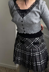 Vネックレースリブカーディガン / V-neck lace ribbed cardigan