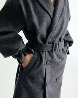 UNISEX BELTED WOOL DOUBLE COAT W - SHARKSKIN DARK GRAY (6636059689078)