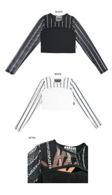 ラインブラックホールメッシュクロップTシャツ / TOP(9369) Line Black Hole Mesh Crop Tee