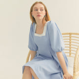 カラーウェイスクエアネックパフドレス / Colourway Square Neck Puff Dress (Blue)