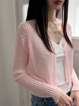 リーミングサマーシースルーワンボタンクロップ長袖カーディガン【6色】/[6 colors] Leoming summer see-through one-button cropped long-sleeved