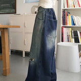 Tiso Damage Back-Banding Washed Denim Long Wide Pants