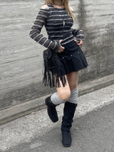 エスニックショルダースリットストライプTシャツ / Ethnic Shoulder Slit Stripe Tee