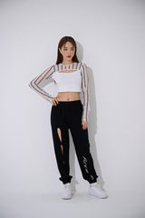 ライン ブラックホール メッシュ クロップ Tシャツ / TOP(9369) Line Black Hole Mesh Crop Tee