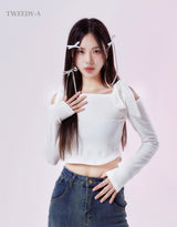 Jenna Shoulder ribbon strap long sleeve cropped top white