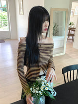 Iku striped button slit off-shoulder long sleeve T-shirt