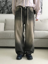 Techi string washed wide denim pants