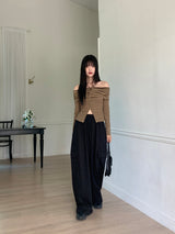 Iku striped button slit off-shoulder long sleeve T-shirt